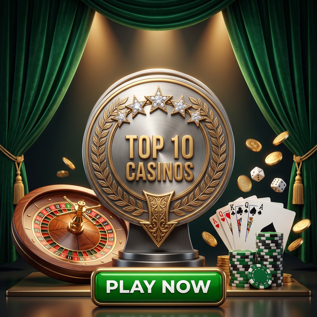 Top 10 casinos promotional graphic with roulette, cards and chips